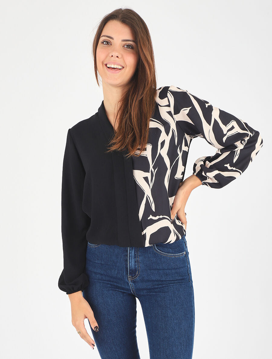Blouse droite bi-colore et col V - Beige - 4