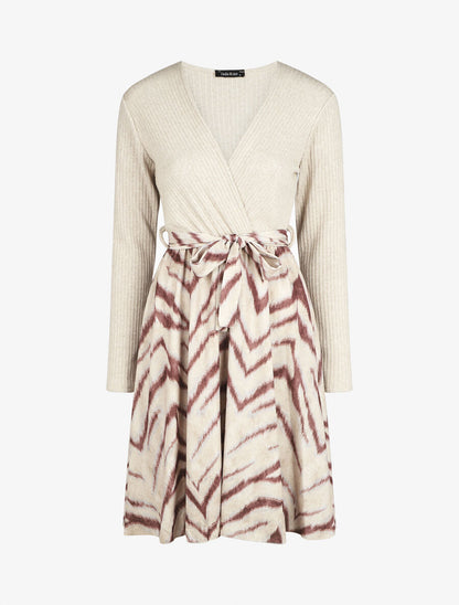 Robe fluide bi-matière imprimé graphique - Beige - 6
