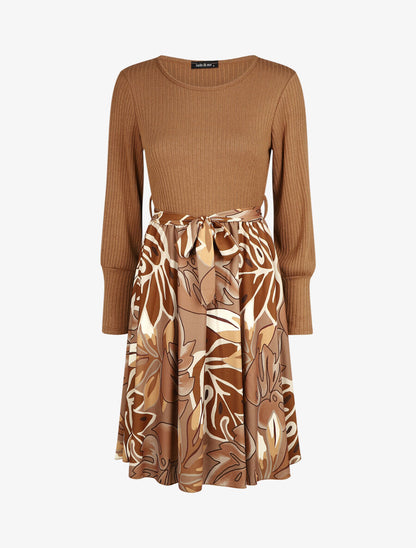 Robe fluide bi-matière imprimé fleuri - Camel - 6