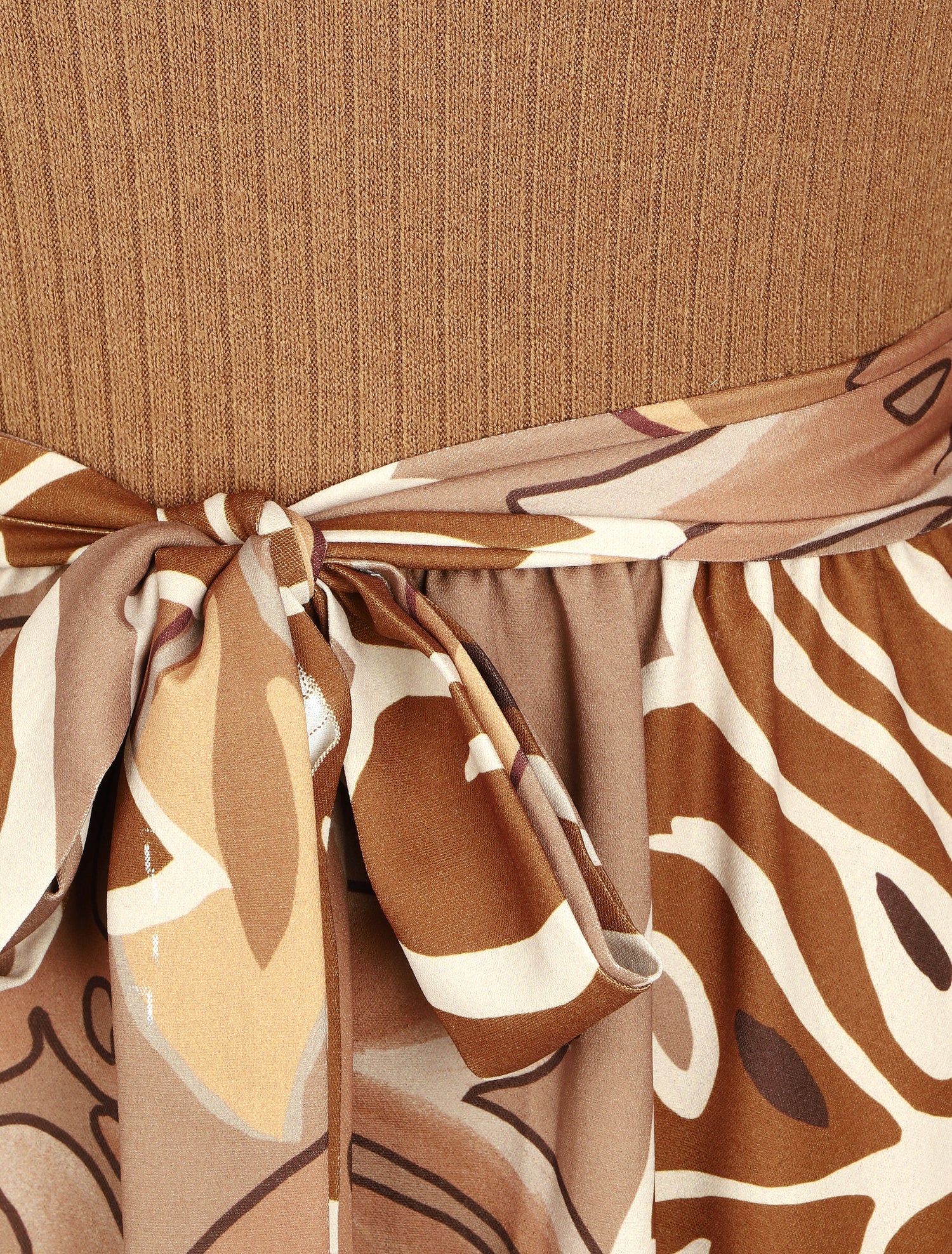 Robe fluide bi-matière imprimé fleuri - Camel - 3