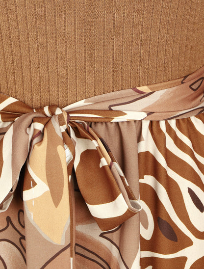 Robe fluide bi-matière imprimé fleuri - Camel - 3