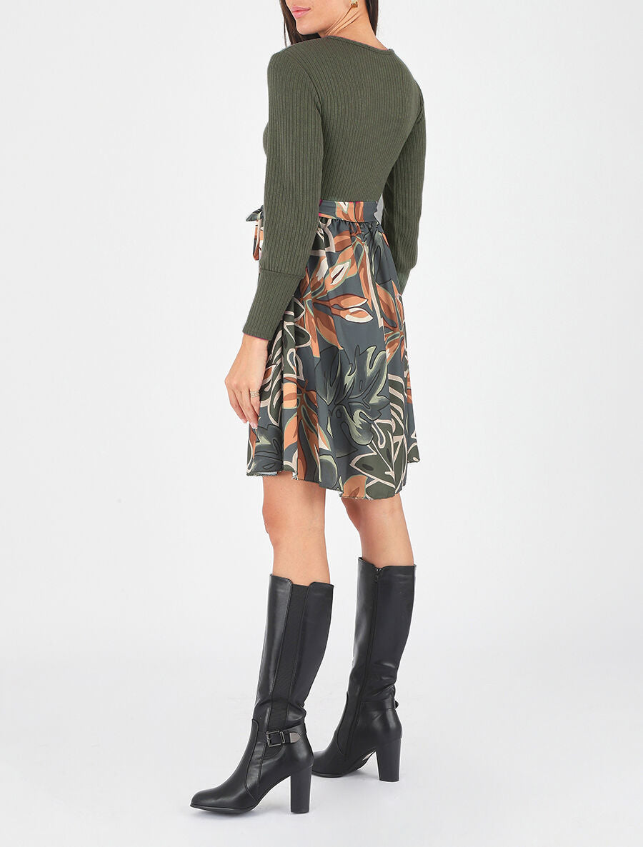 Robe fluide bi-matière imprimé fleuri - Kaki - 5