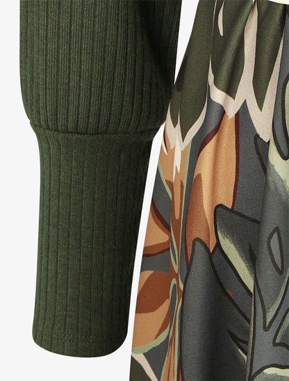 Robe fluide bi-matière imprimé fleuri - Kaki - 3