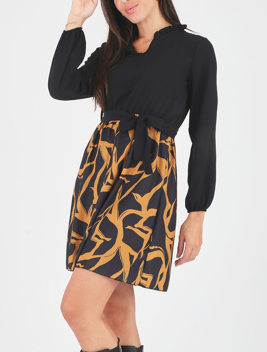 Robe fluide bicolore imprimé graphique - Jaune moutarde - 6