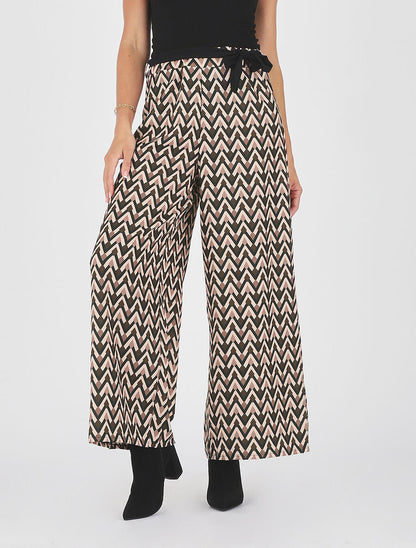 Pantalon ample taille haute motif zigzag fantaisie - Noir - 4