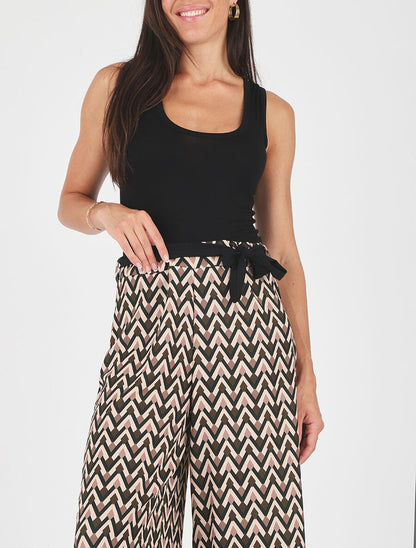 Pantalon ample taille haute motif zigzag fantaisie - Noir - 5