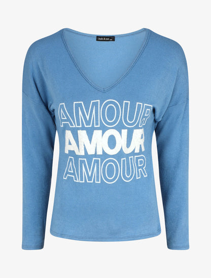 Pull droit inscription AMOUR - Bleu clair - 1