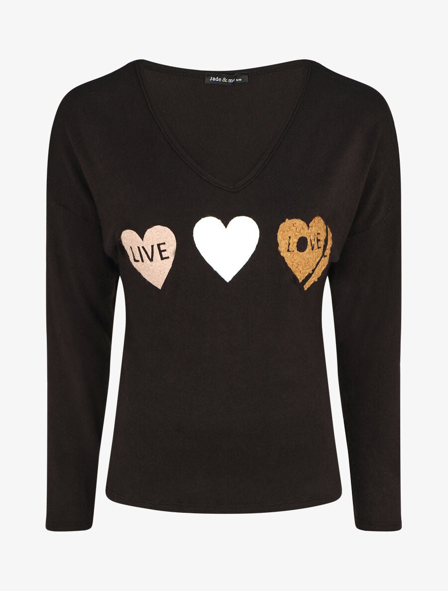 Pull droit motif coeur LIVE LOVE - Noir - 1