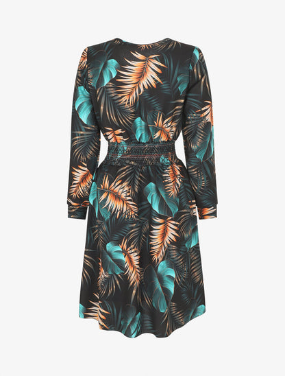 Robe imprimée tropical à taille élastiquée - Noir - 2