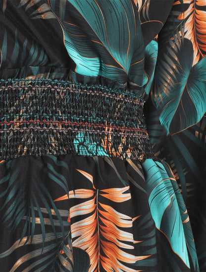 Robe imprimée tropical à taille élastiquée - Noir - 3