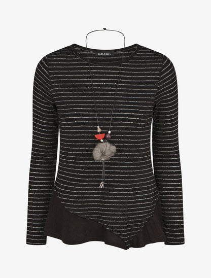 Pull droit rayé bords à volants - Noir - 1