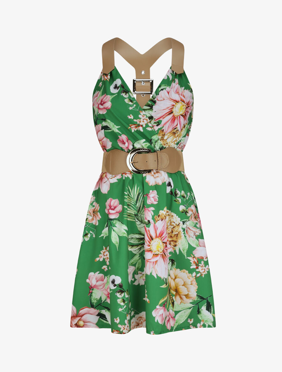 Robe patineuse courte imprimé fleuri à bretelles stylisées - Vert - 2