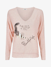 Pull ample col V motif plumes - Rose - 1