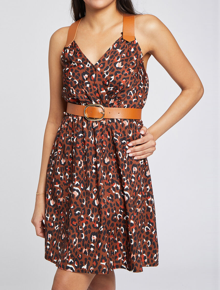 Robe patineuse courte imprimé léopard à bretelles stylisées - Marron - 5
