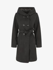 Manteau long croisé à capuche - Noir - 1