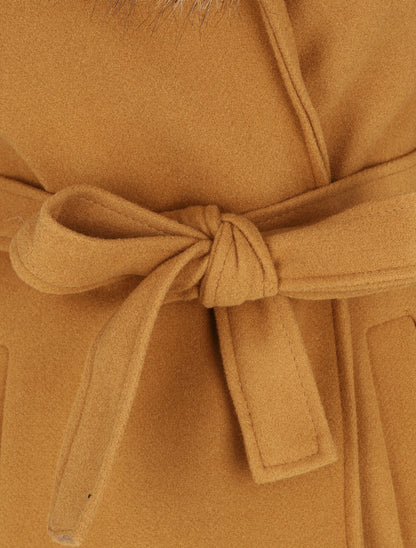 Manteau long col en fourrure - Camel - 3