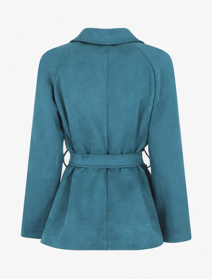 Veste droite en suédine ceinturée - Bleu canard - 2
