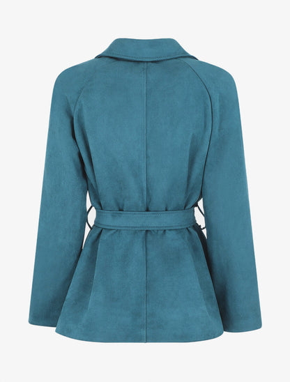 Veste droite en suédine ceinturée - Bleu canard - 2