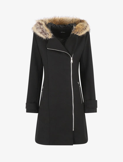 Manteau zippé à capuche fausse fourrure - Noir - 1