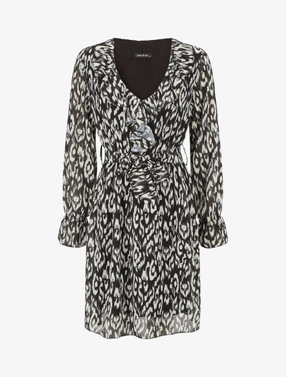 Robe imprimé à col volanté - Noir - 1