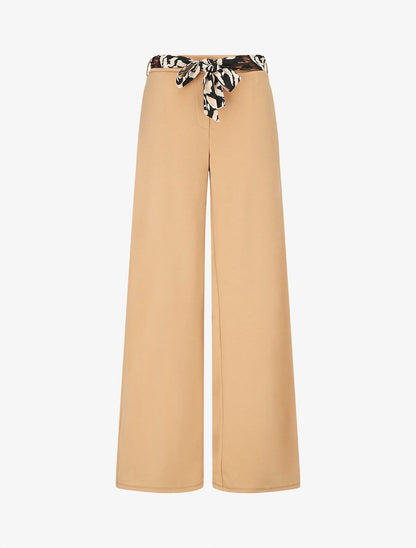 Pantalon ample taille haute ceinture fantaisie - Beige - 4