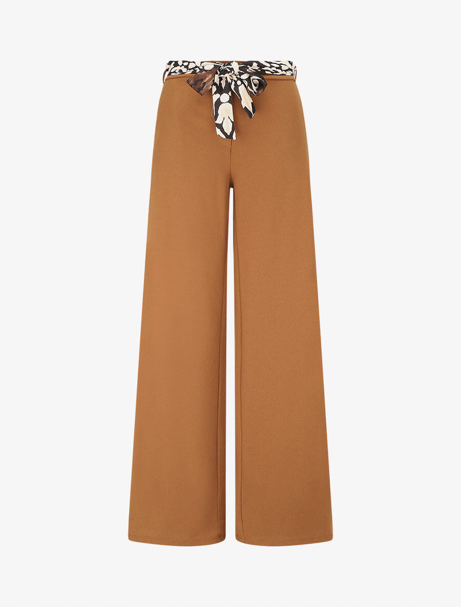 Pantalon ample taille haute ceinture fantaisie - Camel - 1