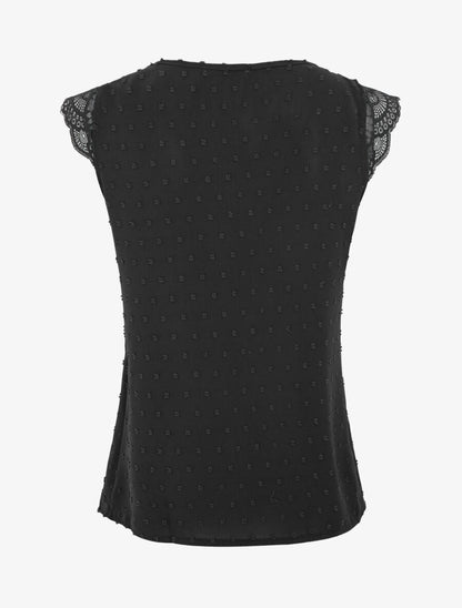 Top texturé à manches détail dentelle - Noir - 2