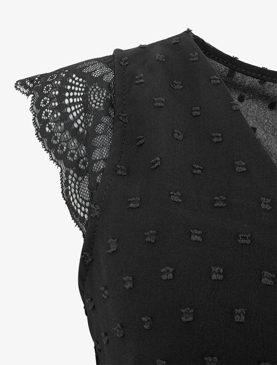 Top texturé à manches détail dentelle - Noir - 3