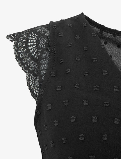 Top texturé à manches détail dentelle - Noir - 3