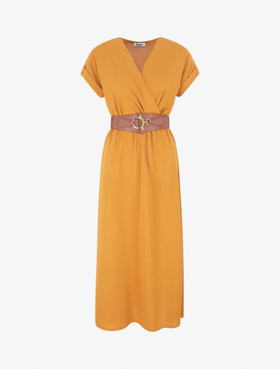 Robe longue unie cache-coeur - Jaune moutarde - 5