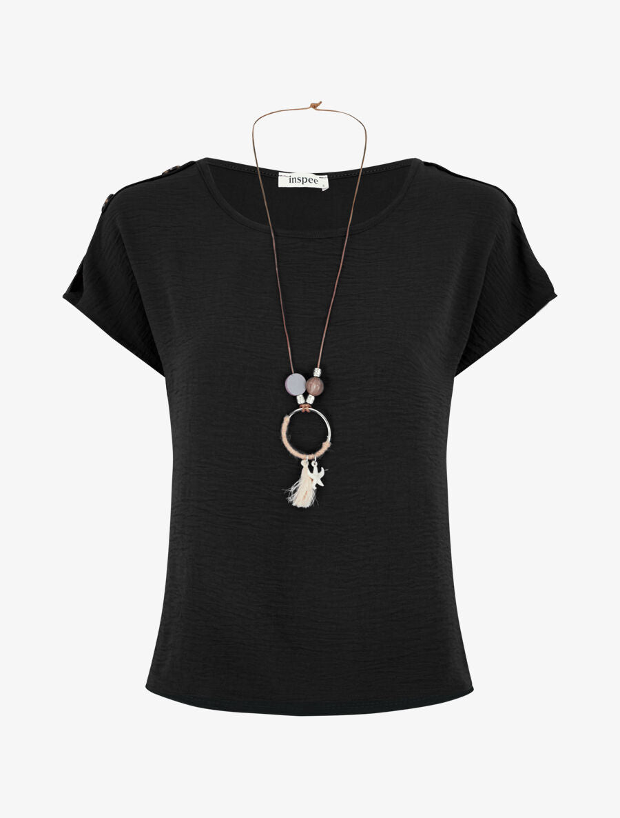 Top fluide à manches courtes et sautoir - Noir - 1