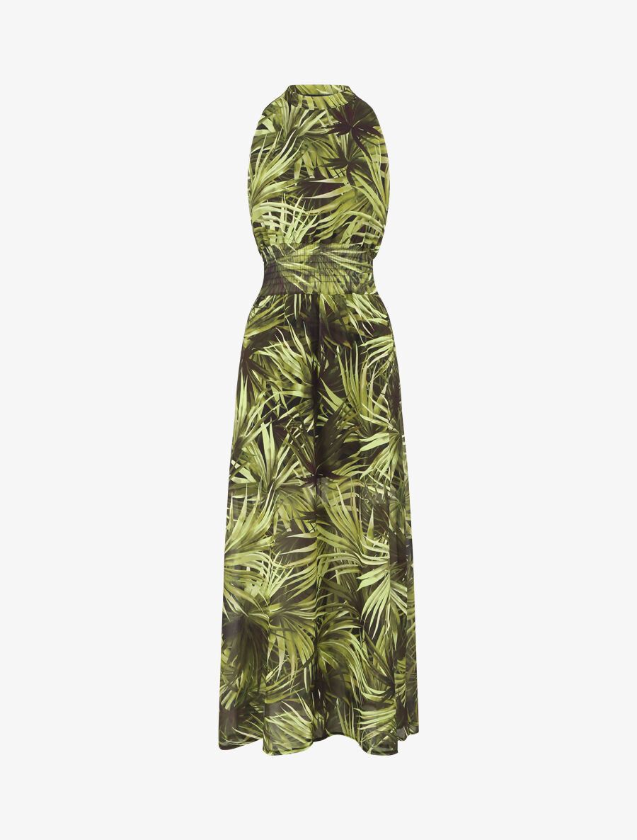 Robe longue en voile imprimé feuillages - Noir - 1