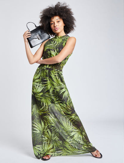 Robe longue en voile imprimé feuillages - Noir - 4