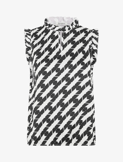 Top satiné sans manches motif fantaisie et volants - Noir - 4
