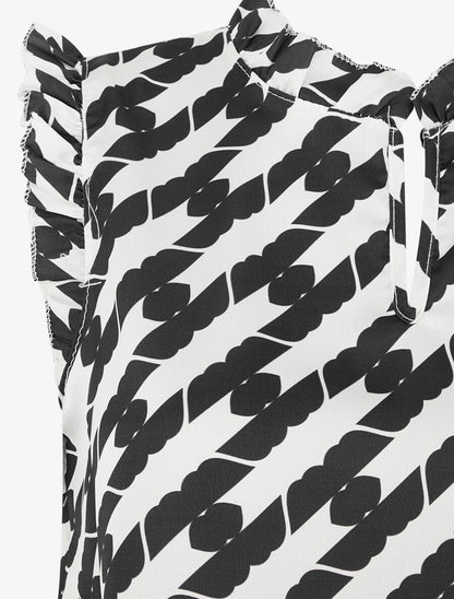 Top satiné sans manches motif fantaisie et volants - Noir - 3