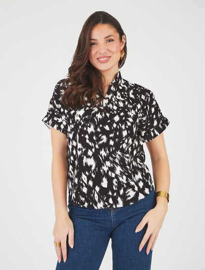 Blouse imprimé abstrait à manches courtes - Noir - 4