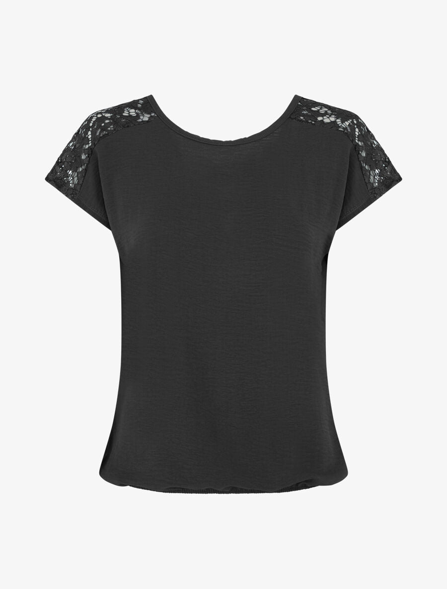 Top uni à dos en dentelle - Noir - 1