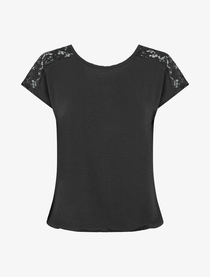 Top uni à dos en dentelle - Noir - 1