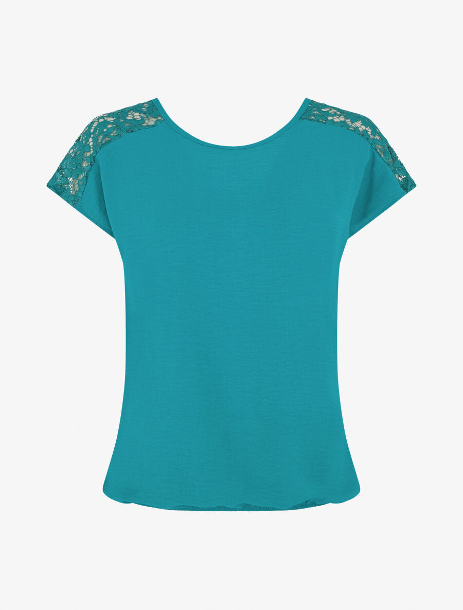 Top uni à dos en dentelle - Bleu canard - 1