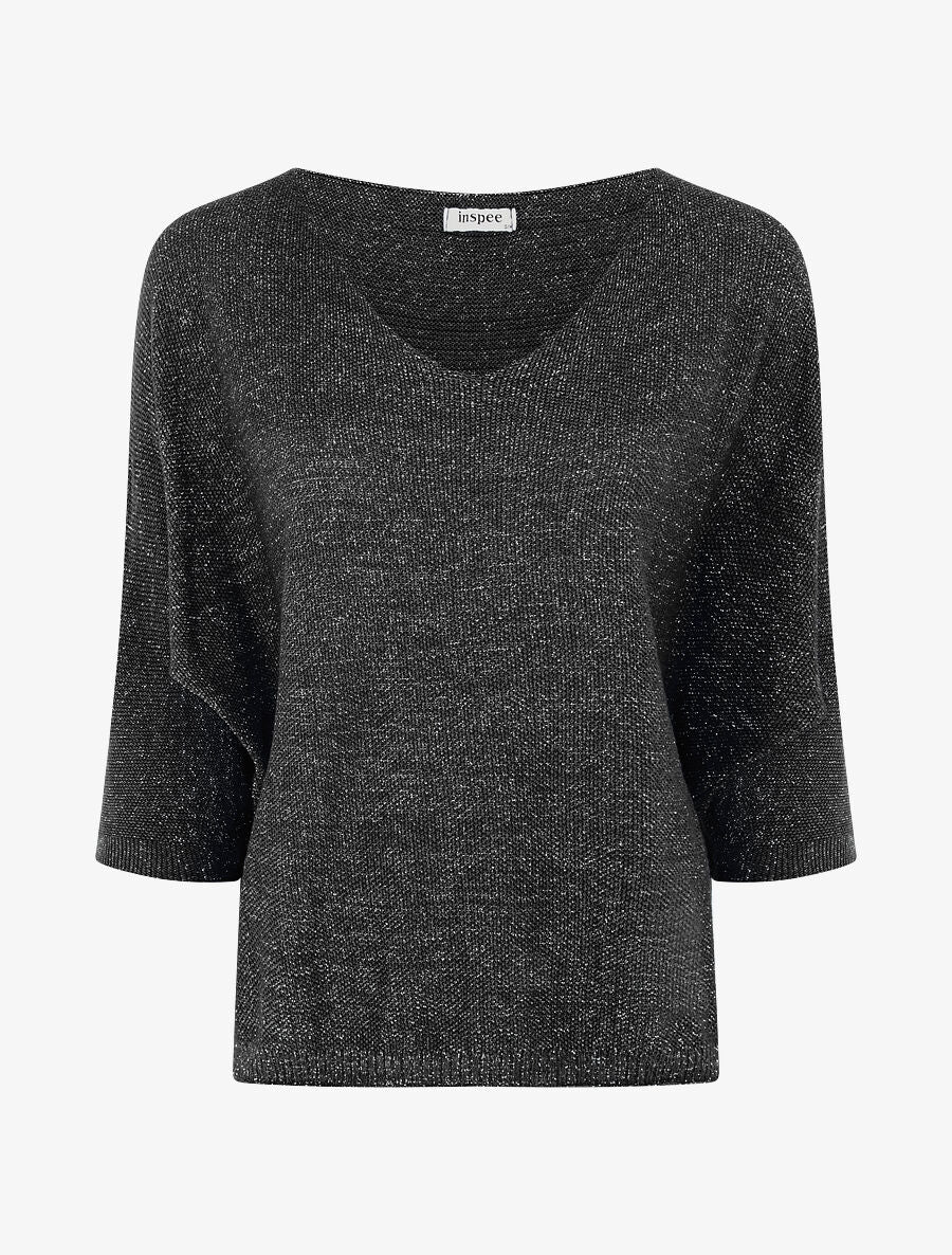 Pull en maille pailletée à manches chauves-souris - Noir - 1