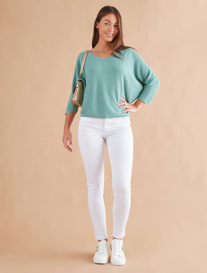 Pull en maille pailletée à manches chauves-souris - Vert d&