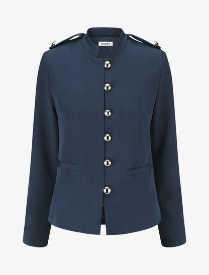 Blazer uni mi-long boutonné - Marine - 4