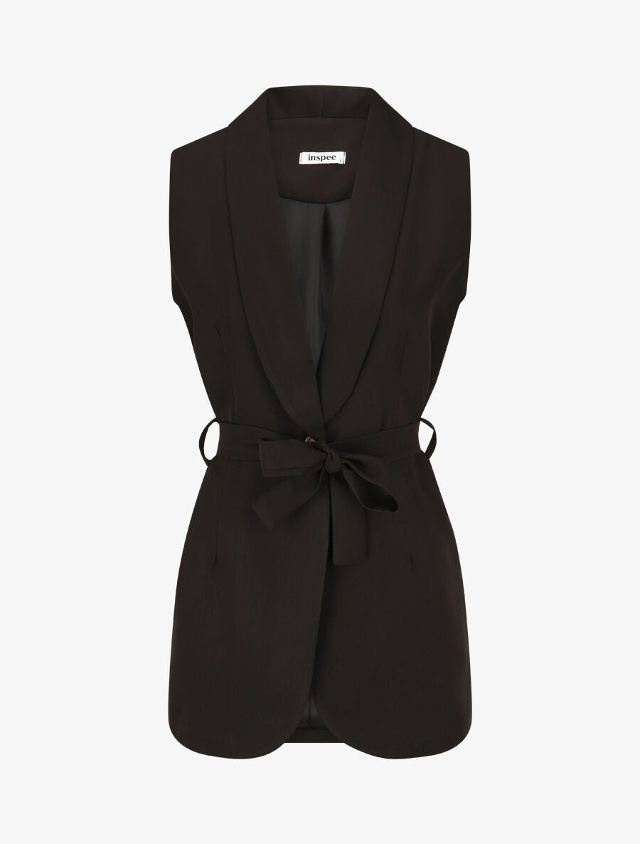 Blazer long uni sans manches - Noir - 1