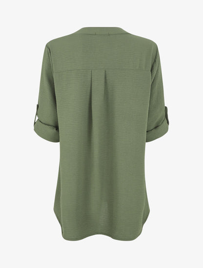 Blouse unie à manches retroussables - Kaki - 2