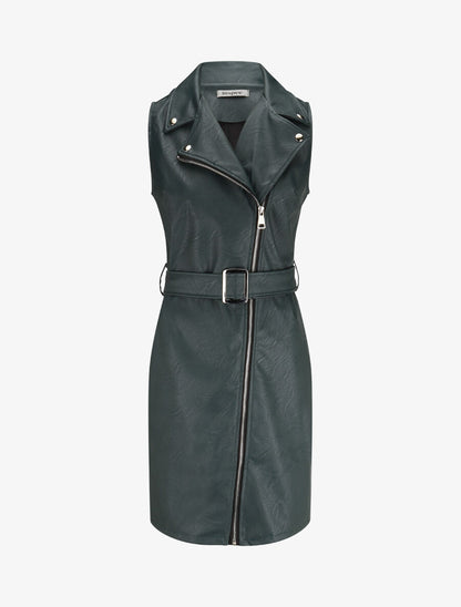 Robe en simili à fermeture zippée et ceinturée - Vert sapin - 4