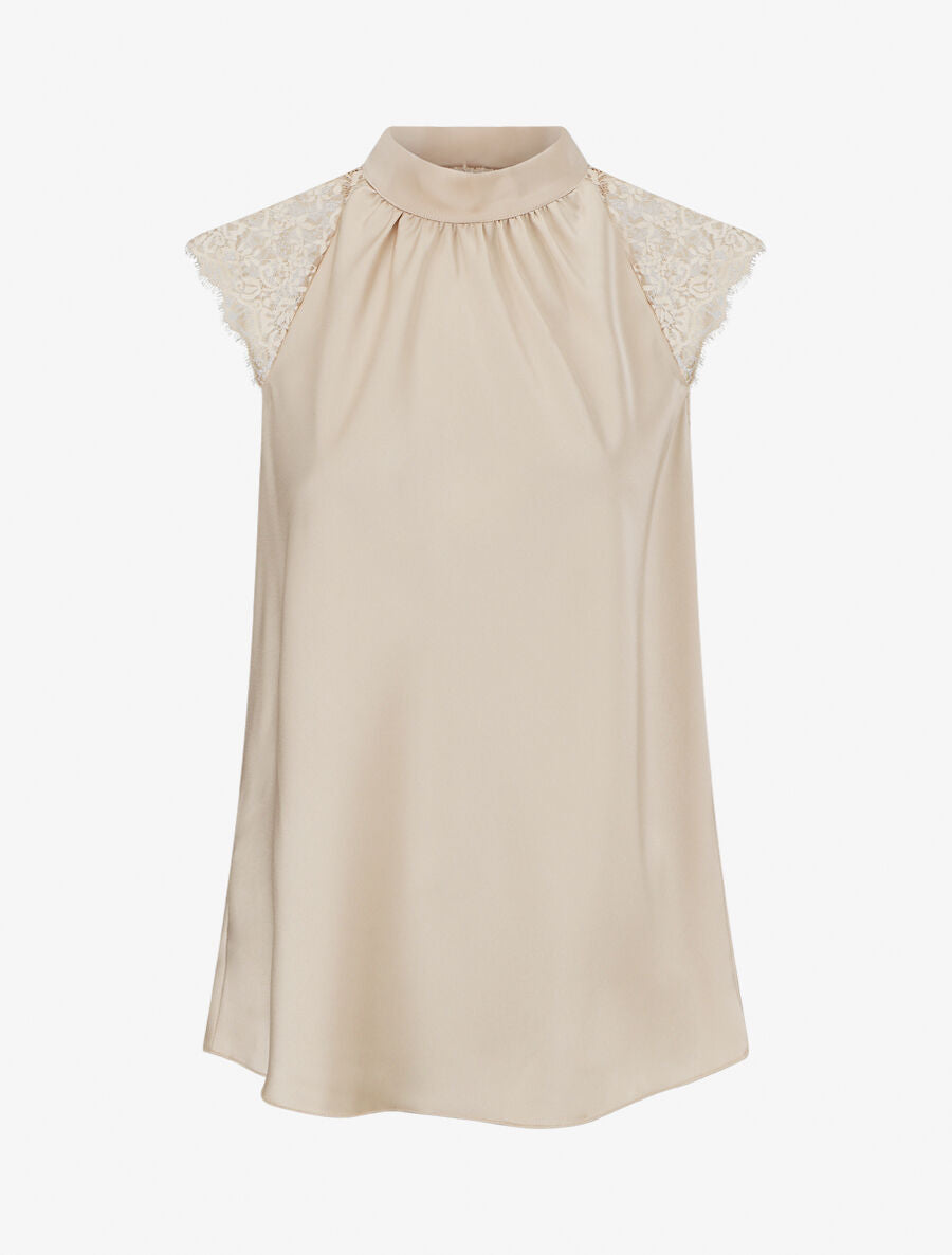 Top satiné à col montant - Beige - 1