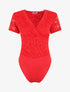 Body manches courtes en dentelle - Rouge - 1