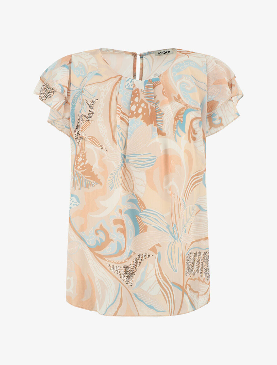 Top droit fleuri manches courtes volantées - Beige - 1