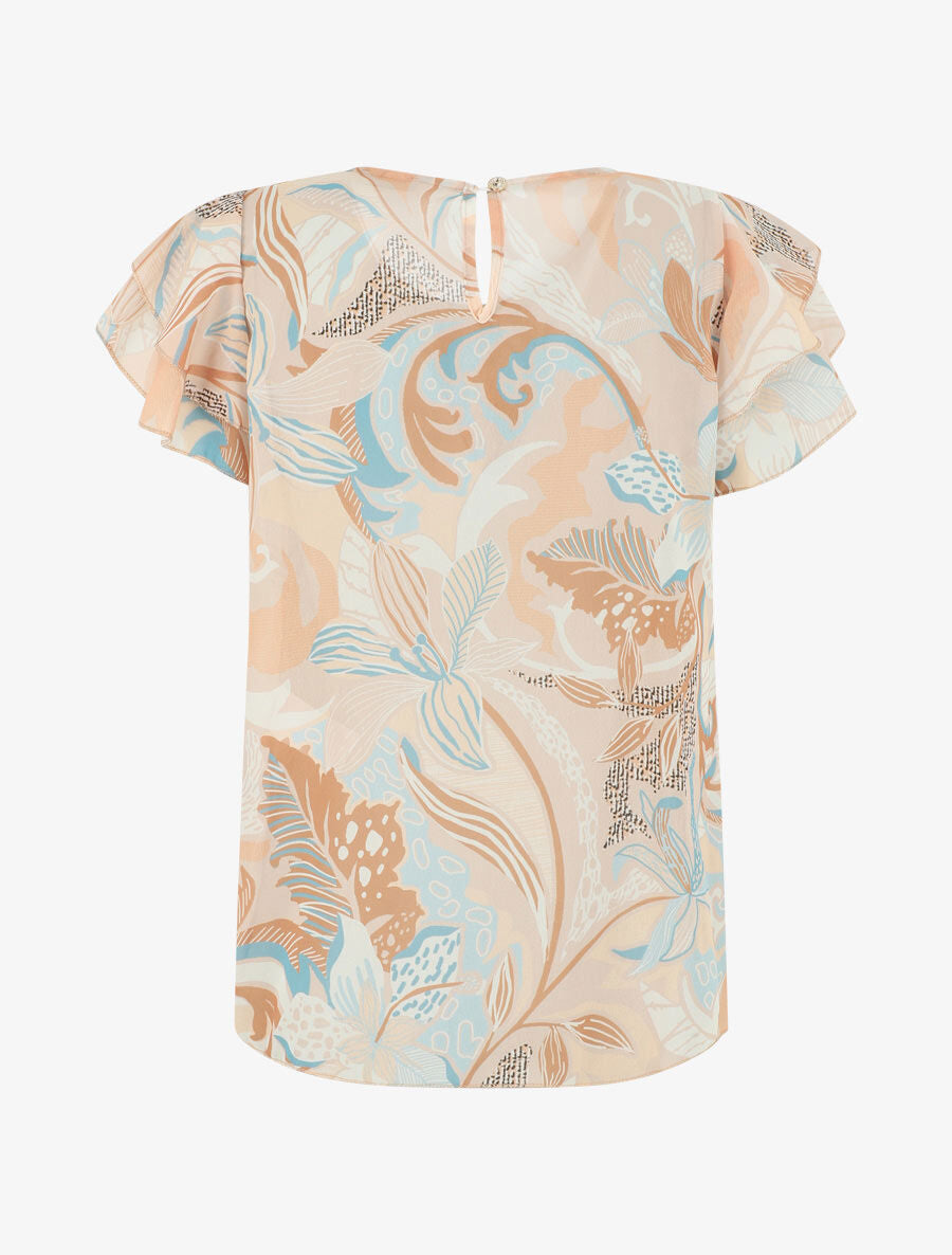 Top droit fleuri manches courtes volantées - Beige - 2