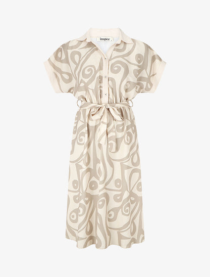 Robe chemise motif graphique manches courtes - Beige - 1